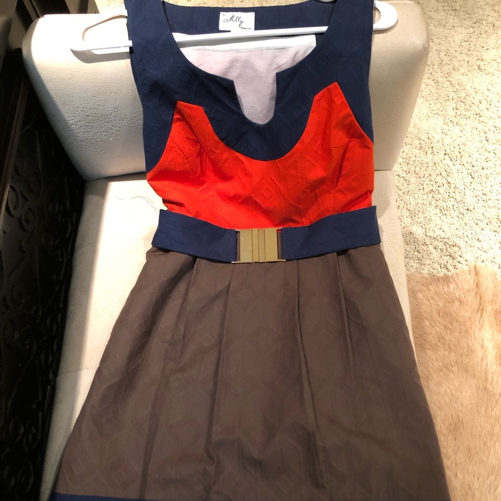 Milly Navy, Orange & Brown Sleeveless Dress